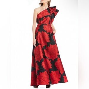 Adrianna Papell red and black floral jacquard one shoulder ball gown